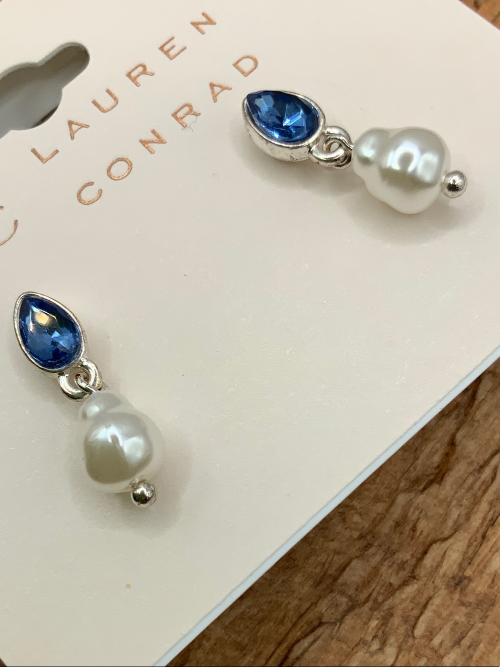 LC Lauren Conrad Blue Crystal Teardrop and Pearl Drop Earrings